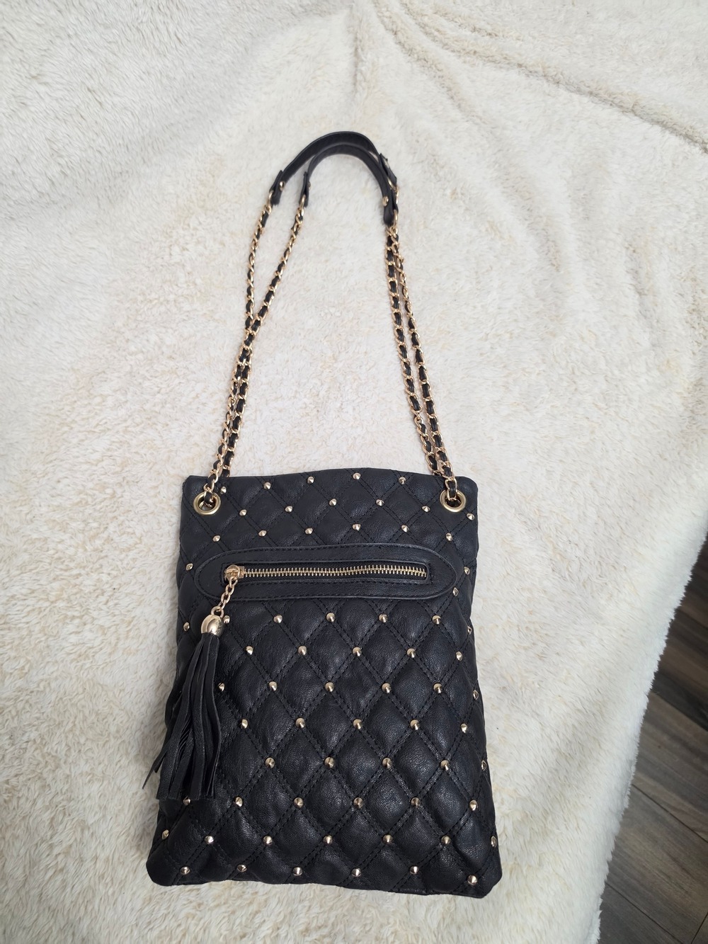 Quilted Crossbody Bag Black Gold Studs Chain Strap Leopard Lined Vegan Leather